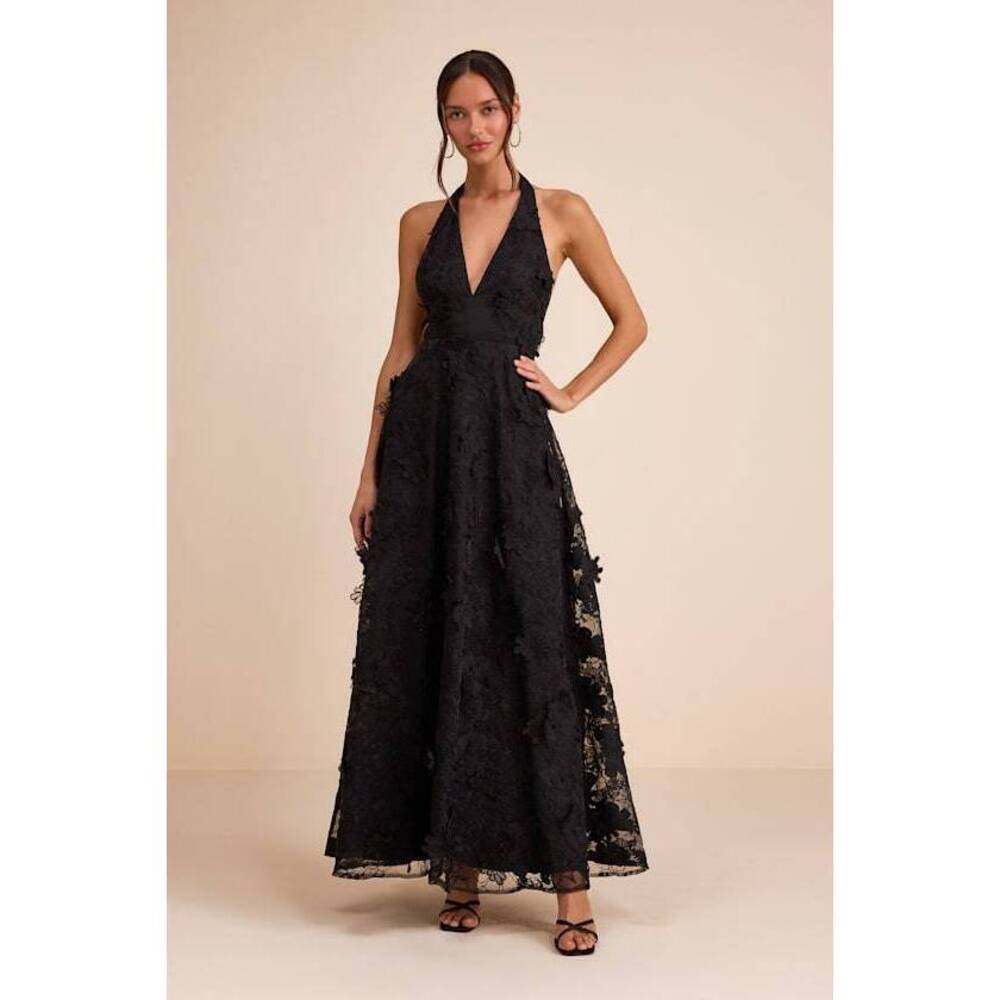 Lulus Kennia Black 3d Floral Embroidered Halter Maxi Dress - Size S
